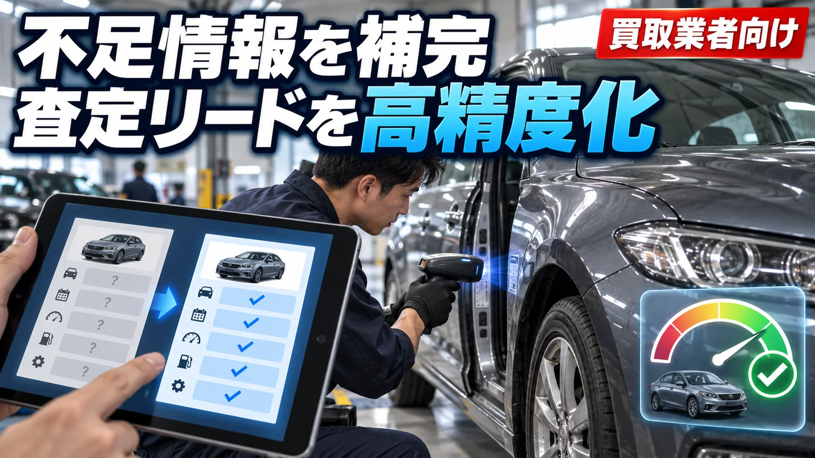買取業者向け：不足していた車両情報を車台番号・VINから補完し、査定リードの精度を高めるイメージ