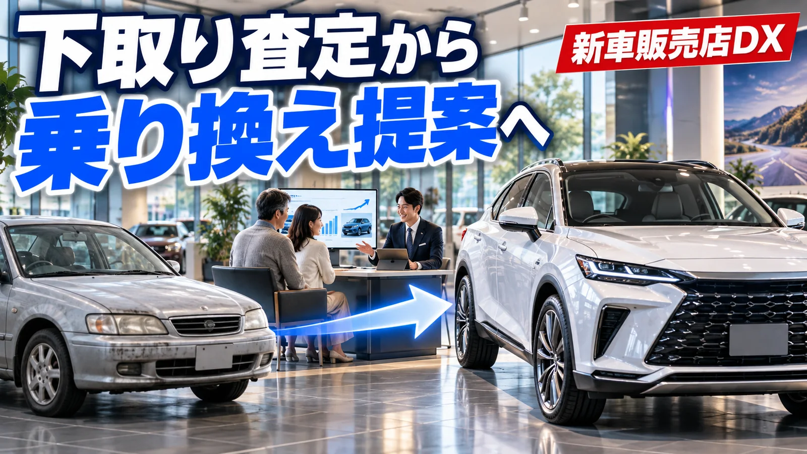 新車販売店向け：下取り査定の結果をそのまま乗り換え提案につなげるイメージ