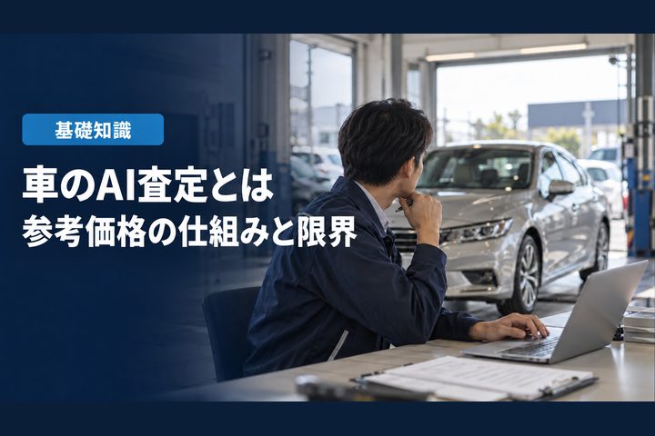 「車のAI査定とは」「参考価格の仕組みと限界」の見出しと「基礎知識」ラベル入りのバナー写真(車のAI査定とは?当たる?無料AI査定の4タイプと精度・実車査定との違い)