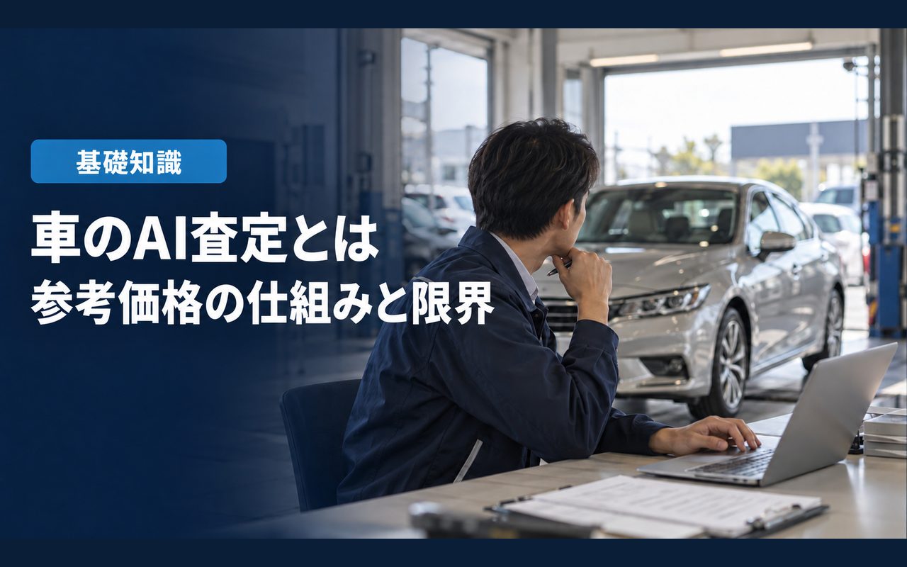 「車のAI査定とは」「参考価格の仕組みと限界」の見出しと「基礎知識」ラベル入りのバナー写真（車のAI査定とは？当たる？無料AI査定の4タイプと精度・実車査定との違い）