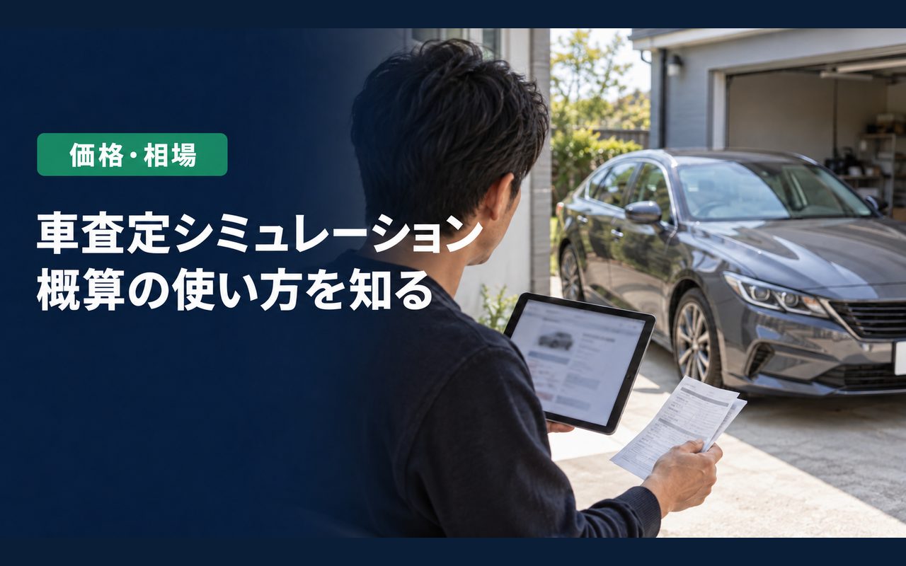 「車査定シミュレーション」「概算の使い方を知る」の見出しと「価格・相場」ラベル入りのバナー写真(車査定シミュレーションはなぜ概算なのか)