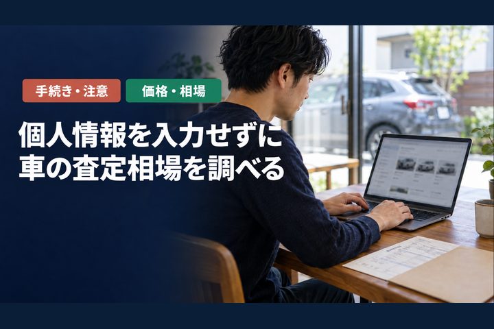 「個人情報を入力せずに」「車の査定相場を調べる」の見出しと「手続き・注意・価格・相場」ラベル入りのバナー写真(個人情報なしで車査定の相場を調べる方法)