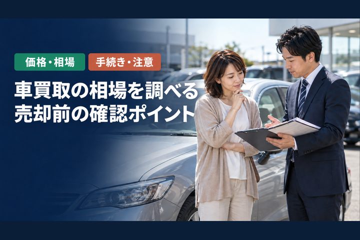 「車買取の相場を調べる」「売却前の確認ポイント」の見出しと「価格・相場・手続き・注意」ラベル入りのバナー写真(車買取の相場はどう決まる?調べ方・売却の流れ・契約前の確認点)