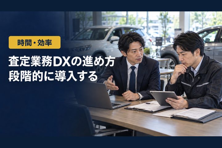 「査定業務DXの進め方」「段階的に導入する」の見出しと「時間・効率」ラベル入りのバナー写真（査定業務DXの進め方）
