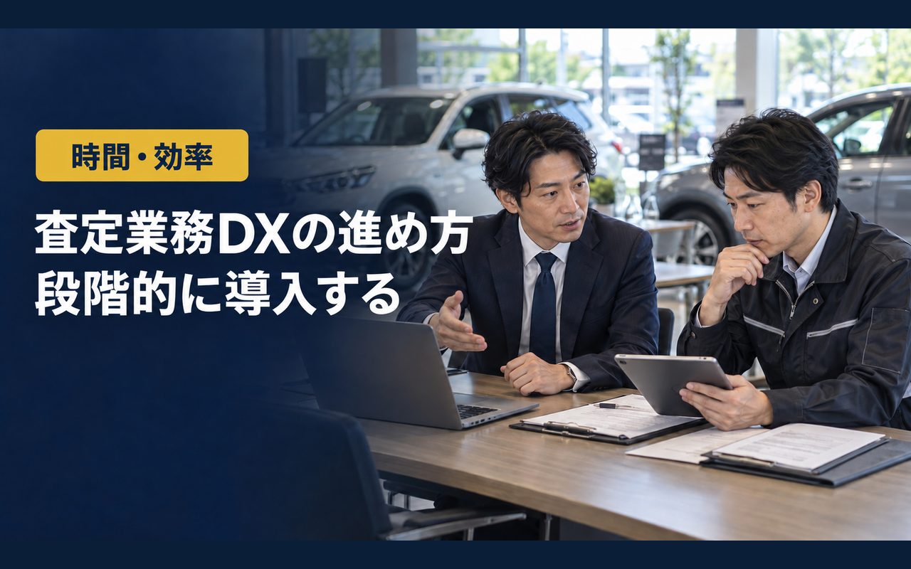 「査定業務DXの進め方」「段階的に導入する」の見出しと「時間・効率」ラベル入りのバナー写真（査定業務DXの進め方）