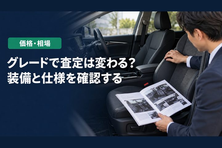 「グレードで査定は変わる？」「装備と仕様を確認する」の見出しと「価格・相場」ラベル入りのバナー写真（グレードは査定価格にどう影響する？車台番号・VINでの確認）