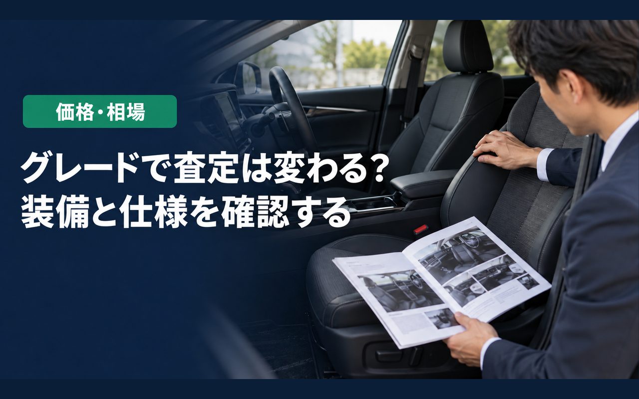 「グレードで査定は変わる？」「装備と仕様を確認する」の見出しと「価格・相場」ラベル入りのバナー写真（グレードは査定価格にどう影響する？車台番号・VINでの確認）