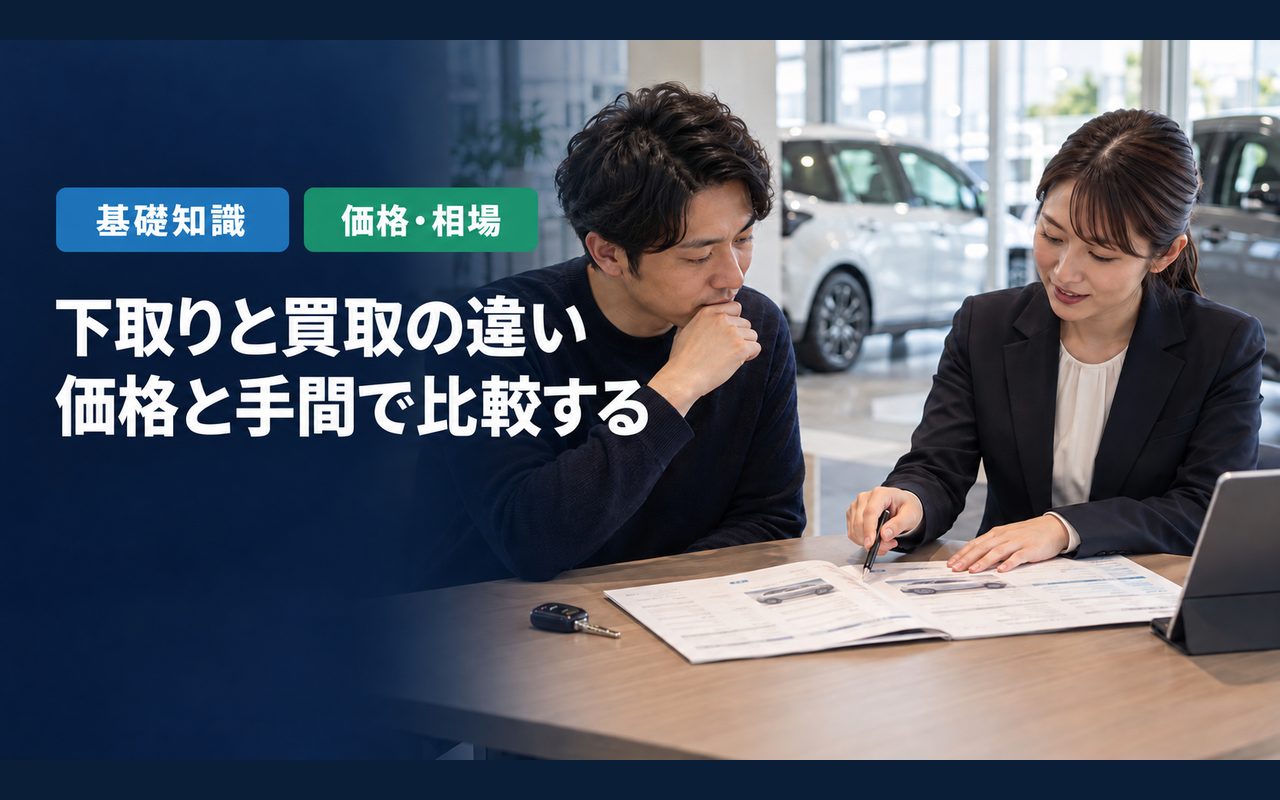 「下取りと買取の違い」「価格と手間で比較する」の見出しと「基礎知識・価格・相場」ラベル入りのバナー写真（下取りと買取の違いとは？価格・手間・税・手続きと業者のマージンを比較）