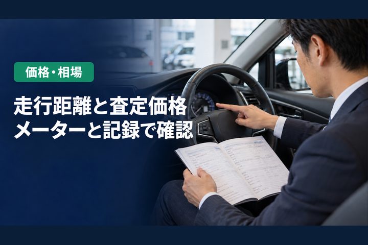 「走行距離と査定価格」「メーターと記録で確認」の見出しと「価格・相場」ラベル入りのバナー写真（走行距離は査定価格にどう影響する？推定走行距離の考え方）