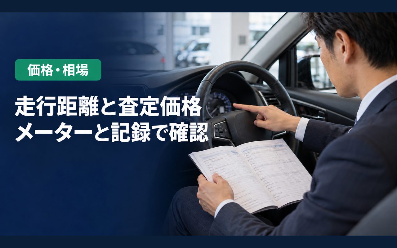 「走行距離と査定価格」「メーターと記録で確認」の見出しと「価格・相場」ラベル入りのバナー写真(走行距離は査定価格にどう影響する?推定走行距離の考え方)