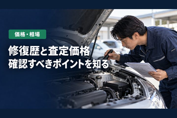 「修復歴と査定価格」「確認すべきポイントを知る」の見出しと「価格・相場」ラベル入りのバナー写真（修復歴は査定価格にどう影響する？意味と確認方法）