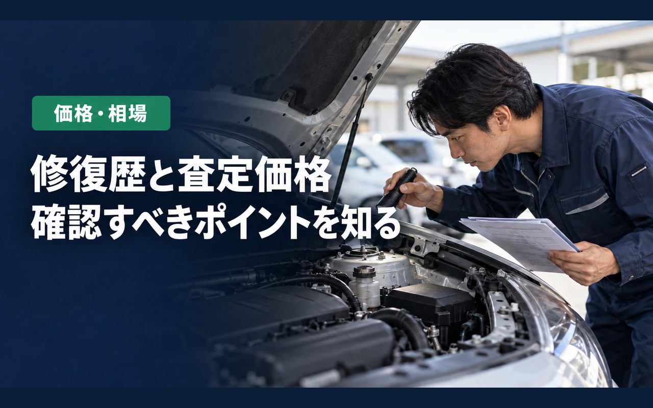 「修復歴と査定価格」「確認すべきポイントを知る」の見出しと「価格・相場」ラベル入りのバナー写真（修復歴は査定価格にどう影響する？意味と確認方法）