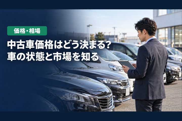 「中古車価格はどう決まる？」「車の状態と市場を知る」の見出しと「価格・相場」ラベル入りのバナー写真（中古車価格はどう決まる？価格を左右する要素を解説）