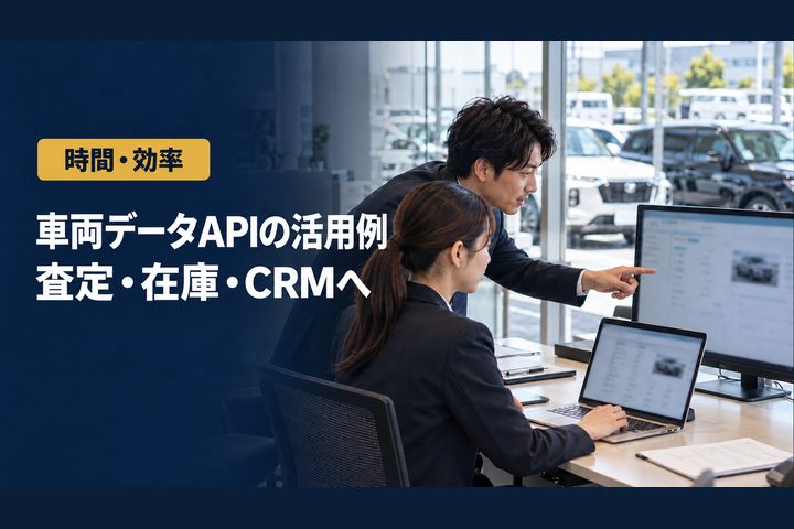 「車両データAPIの活用例」「査定・在庫・CRMへ」の見出しと「時間・効率」ラベル入りのバナー写真（車両データAPIでできること）