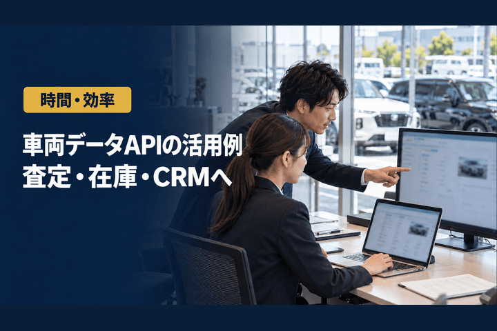 車両データAPIでできること｜査定・在庫管理・CRM連携での活用例｜車台番号・VINからAPI経由でデータを連携する図