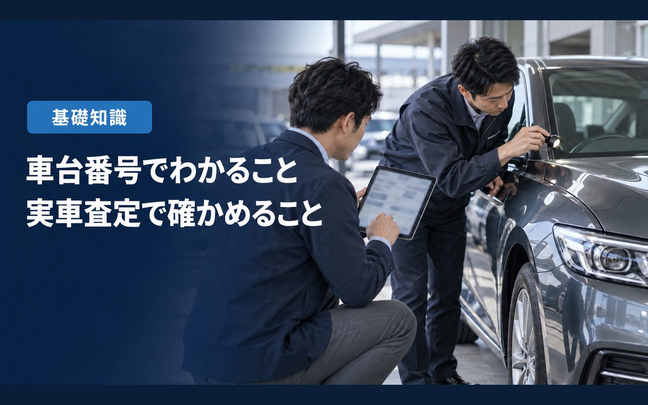 「車台番号でわかること」「実車査定で確かめること」の見出しと「基礎知識」ラベル入りのバナー写真（車台番号査定と通常の中古車査定の違い）