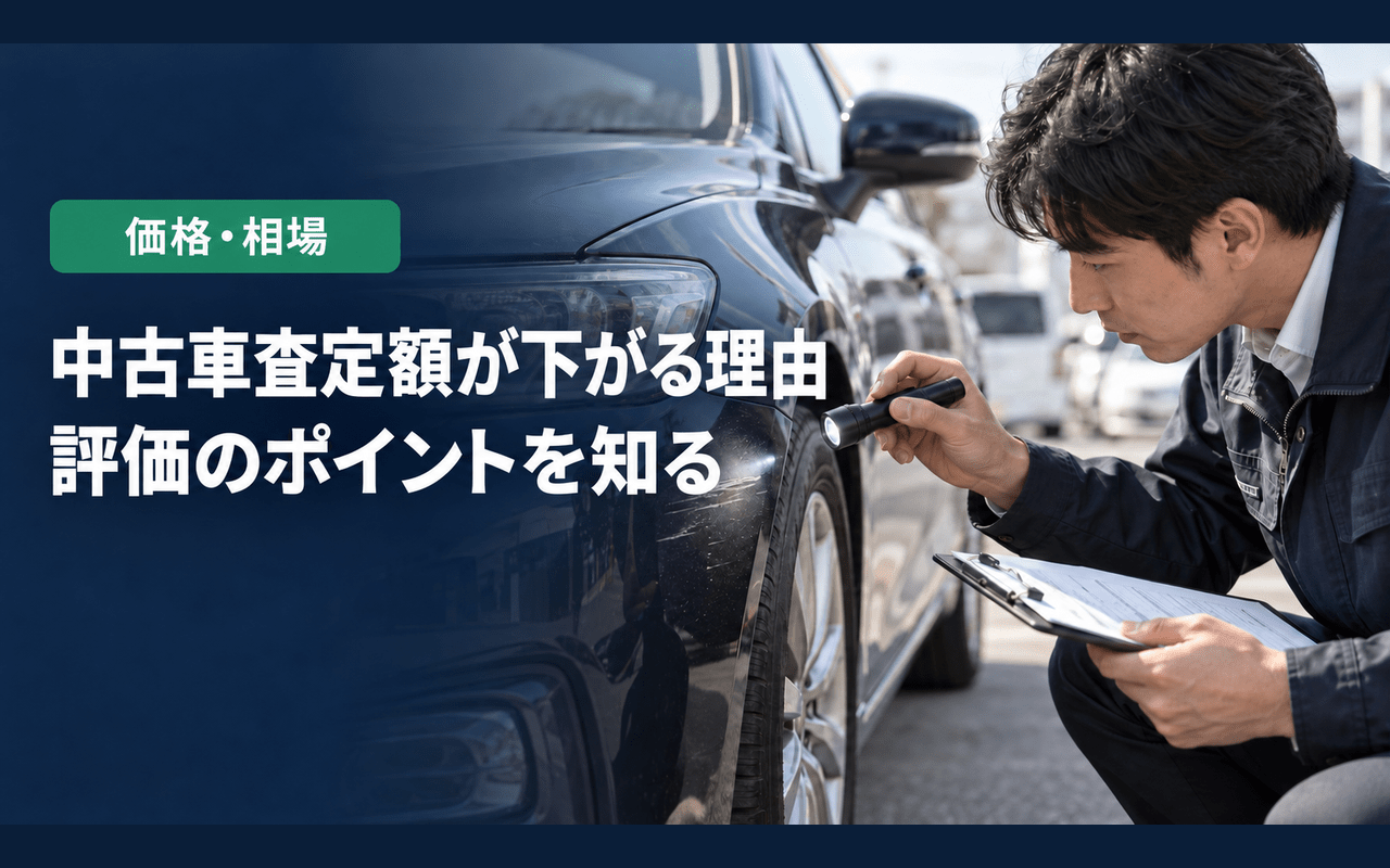 中古車査定額が下がる理由｜走行距離・修復歴・グレード・地域需要の影響｜価格に影響する主な要素の一覧図