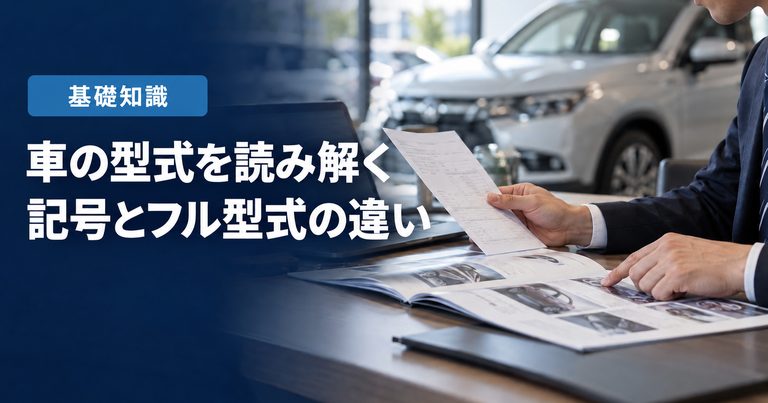 「車の型式を読み解く」「記号とフル型式の違い」の見出しと「基礎知識」ラベル入りのバナー写真（車の型式とは？読み方を6BA-MXAA54の例で解説）