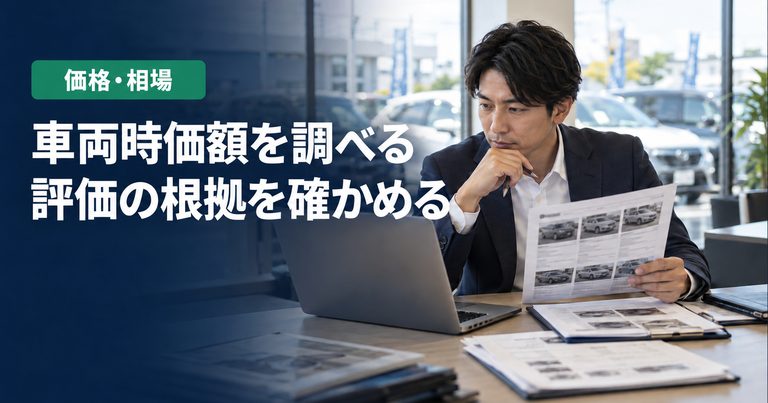 「車両時価額を調べる」「評価の根拠を確かめる」の見出しと「価格・相場」ラベル入りのバナー写真（車両時価額とは？車の時価額の調べ方と車両保険・全損時の考え方）