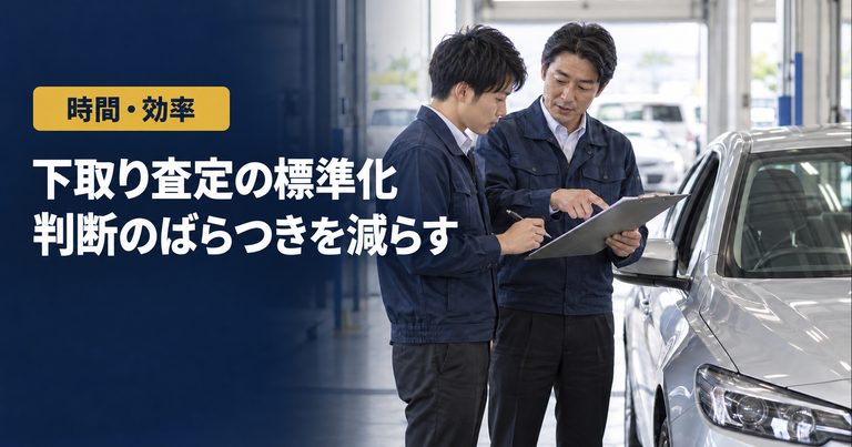「下取り査定の標準化」「判断のばらつきを減らす」の見出しと「時間・効率」ラベル入りのバナー写真（下取り査定を標準化する方法）