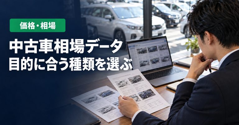 「中古車相場データ」「目的に合う種類を選ぶ」の見出しと「価格・相場」ラベル入りのバナー写真（中古車相場データの種類と比較）
