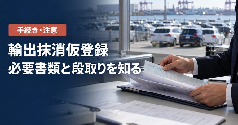 「輸出抹消仮登録」「必要書類と段取りを知る」の見出しと「手続き・注意」ラベル入りのバナー写真（輸出抹消仮登録とは？手続きの流れ・必要書類・時期と税金の扱い）