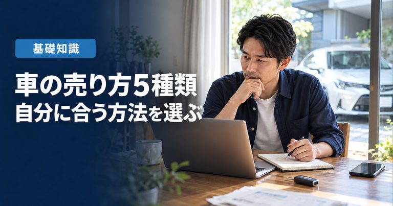 「車の売り方5種類」「自分に合う方法を選ぶ」の見出しと「基礎知識」ラベル入りのバナー写真（車の売り方5種を比較）