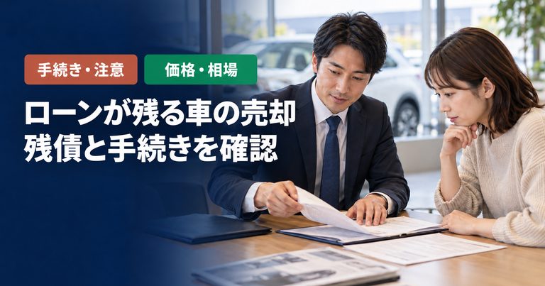 「ローンが残る車の売却」「残債と手続きを確認」の見出しと「手続き・注意・価格・相場」ラベル入りのバナー写真（ローンが残ってる車の下取り・売却ガイド）