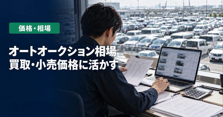 「オートオークション相場」「買取・小売価格に活かす」の見出しと「価格・相場」ラベル入りのバナー写真（オートオークション相場の見方と使い方）