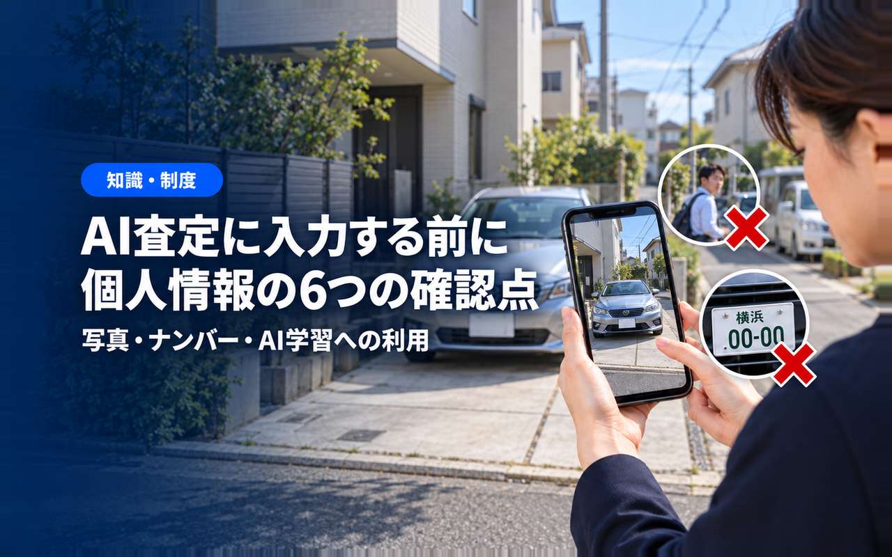 「AI査定に入力する前に」「個人情報の6つの確認点」の見出しと「知識・制度」ラベル入りのバナー写真(AI査定は個人情報が心配?写真・ナンバーを入力する前の6つの確認点)