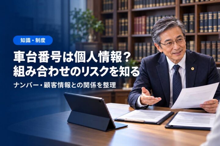「車台番号は個人情報?」「組み合わせのリスクを知る」の見出しと「知識・制度」ラベル入りのバナー写真(車台番号は個人情報?ナンバーとの違いと「組み合わせ」のリスクを法令で解説)