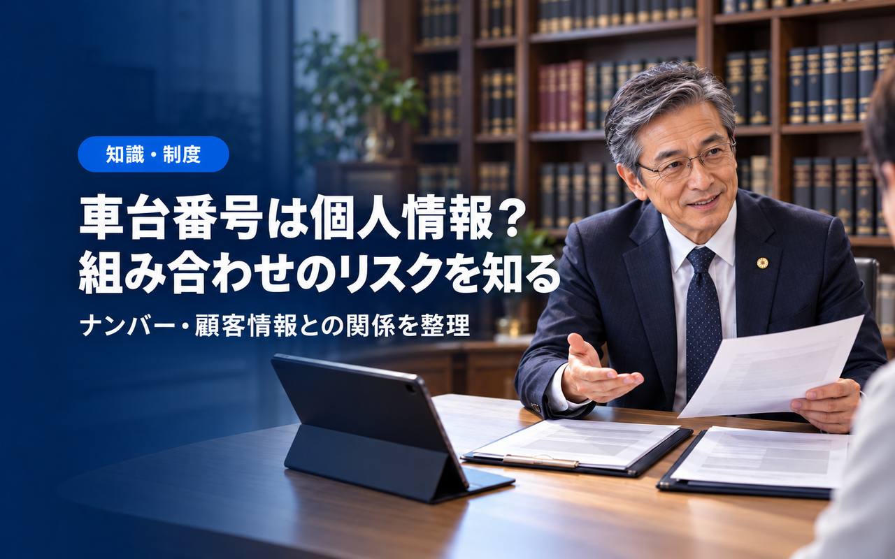 「車台番号は個人情報？」「組み合わせのリスクを知る」の見出しと「知識・制度」ラベル入りのバナー写真（車台番号は個人情報？ナンバーとの違いと「組み合わせ」のリスクを法令で解説）