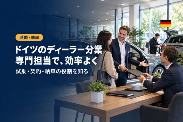 「ドイツのディーラー分業」「専門担当で、効率よく」の見出しと「時間・効率」ラベル入りのバナー写真（ドイツのカーディーラーは分業制）