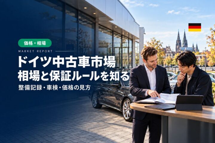 「ドイツ中古車市場」「相場と保証ルールを知る」の見出しと「価格・相場」ラベル入りのバナー写真（ドイツの中古車市場）