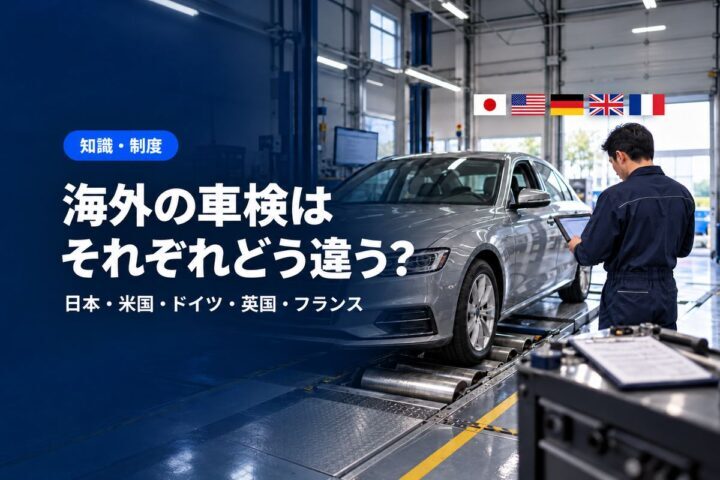 「海外の車検は」「それぞれどう違う？」の見出しと「知識・制度」ラベル入りのバナー写真（海外の車検制度を比較）