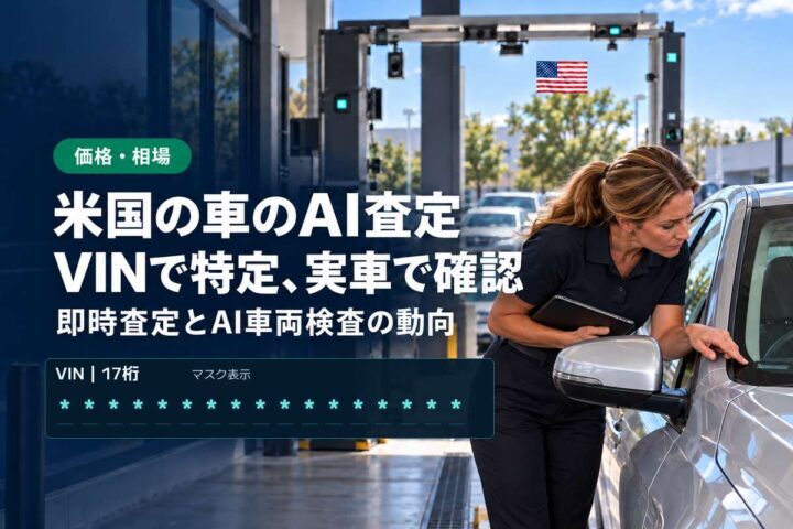 「米国の車のAI査定」「VINで特定、実車で確認」の見出しと「価格・相場」ラベル入りのバナー写真(アメリカの車のAI査定【2026年】VIN入力の即時査定とAI車両検査の最新動向)