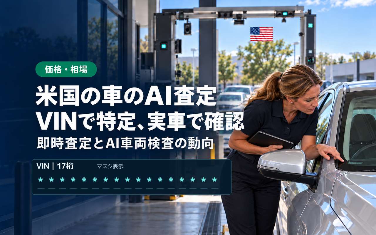 「米国の車のAI査定」「VINで特定、実車で確認」の見出しと「価格・相場」ラベル入りのバナー写真（アメリカの車のAI査定【2026年】VIN入力の即時査定とAI車両検査の最新動向）