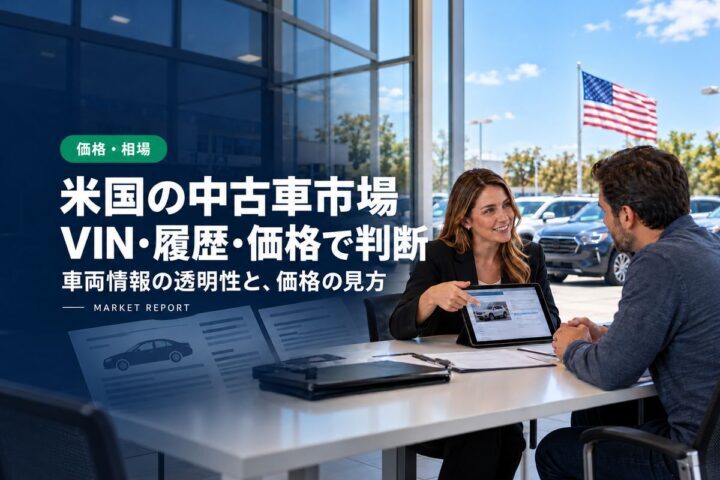 「米国の中古車市場」「VIN・履歴・価格で判断」の見出しと「価格・相場」ラベル入りのバナー写真（アメリカの中古車市場とディーラーの仕組み）