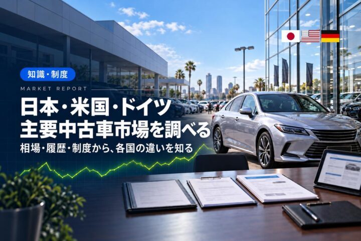「日本・米国・ドイツ」「主要中古車市場を調べる」の見出しと「知識・制度」ラベル入りのバナー写真（日本・アメリカ・ドイツの中古車市場の違い）