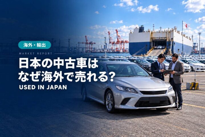 「日本の中古車は」「なぜ海外で売れる？」の見出しと「海外・輸出」ラベル入りのバナー写真（日本の中古車はなぜ海外で売れる？）